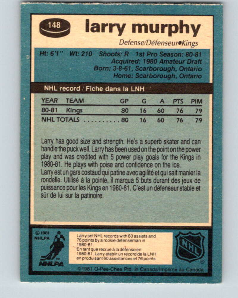 1981-82 O-Pee-Chee #148 Larry Murphy RC Rookie Los Angeles Kings V11659