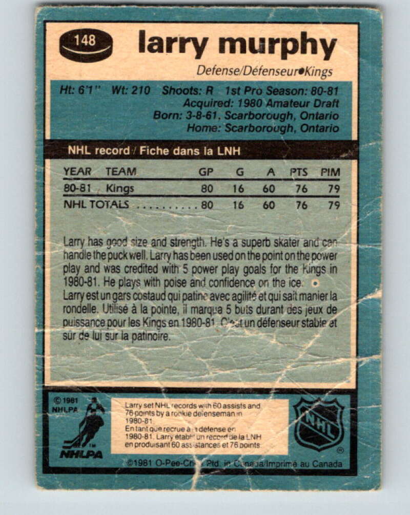 1981-82 O-Pee-Chee #148 Larry Murphy RC Rookie Los Angeles Kings V11660