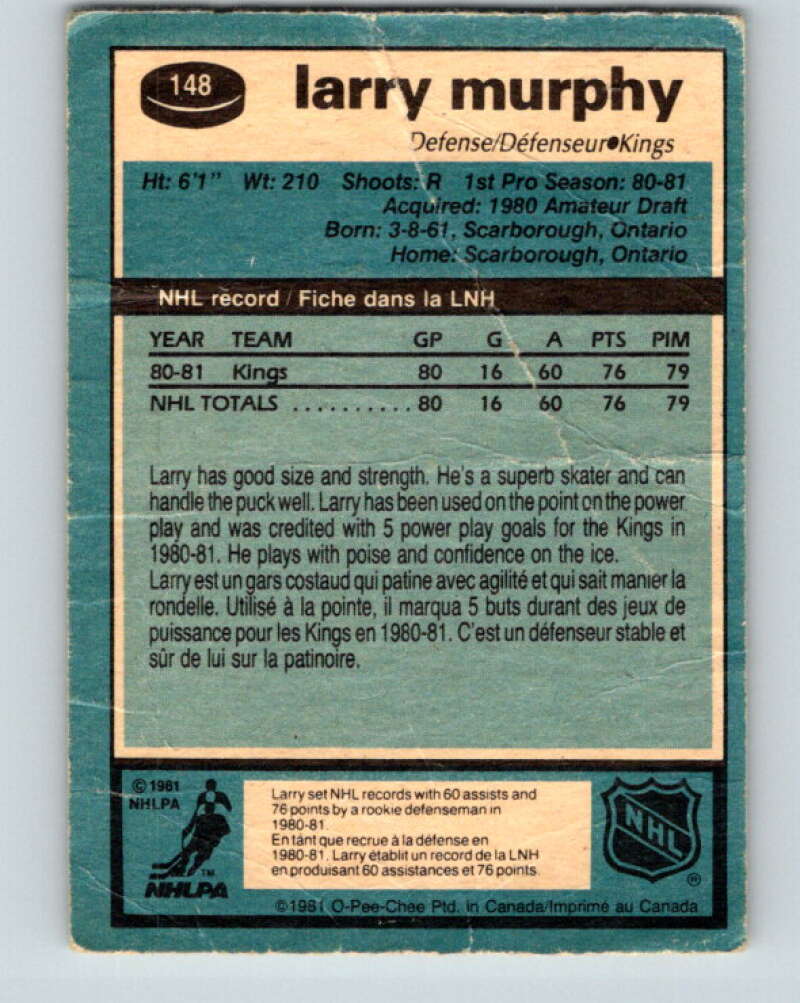 1981-82 O-Pee-Chee #148 Larry Murphy RC Rookie Los Angeles Kings V11661