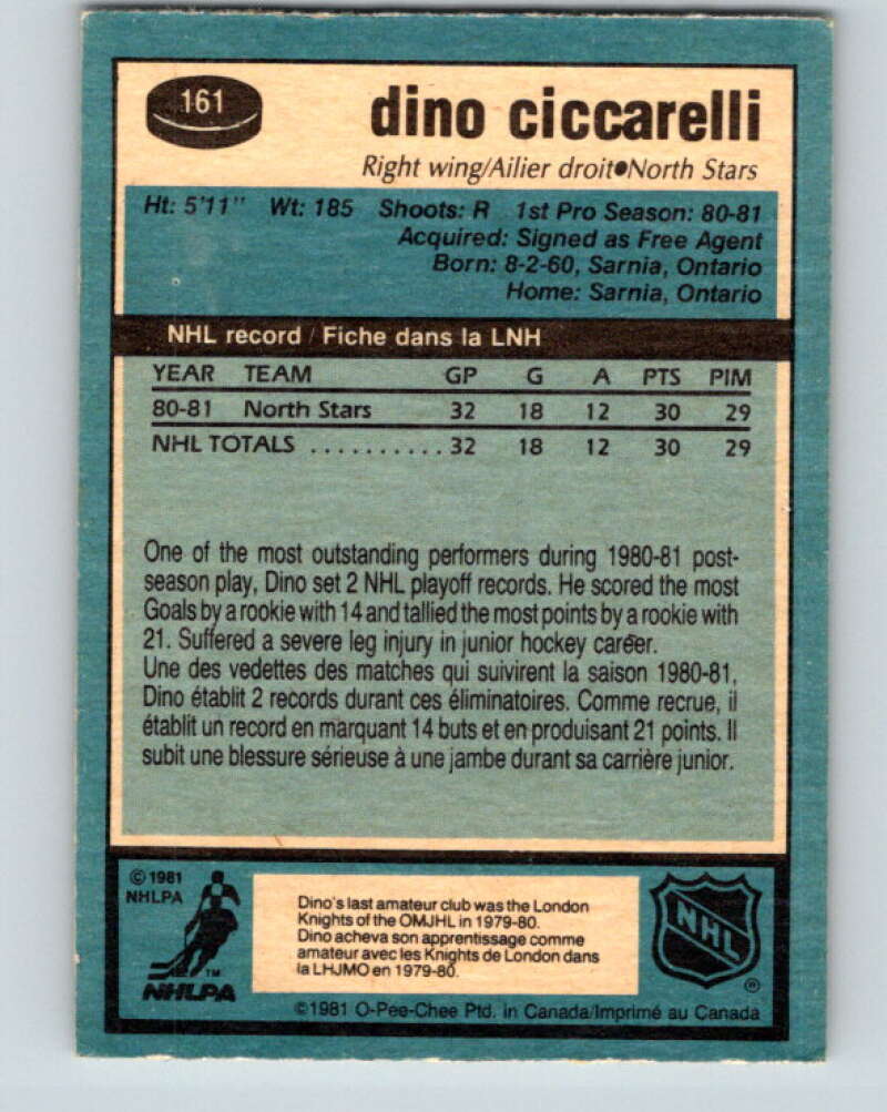1981-82 O-Pee-Chee #161 Dino Ciccarelli RC Rookie North Stars V11670