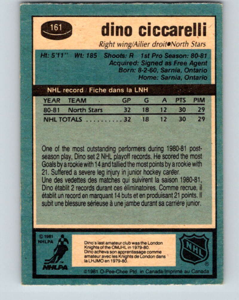 1981-82 O-Pee-Chee #161 Dino Ciccarelli  RC Rookie North Stars   V11671