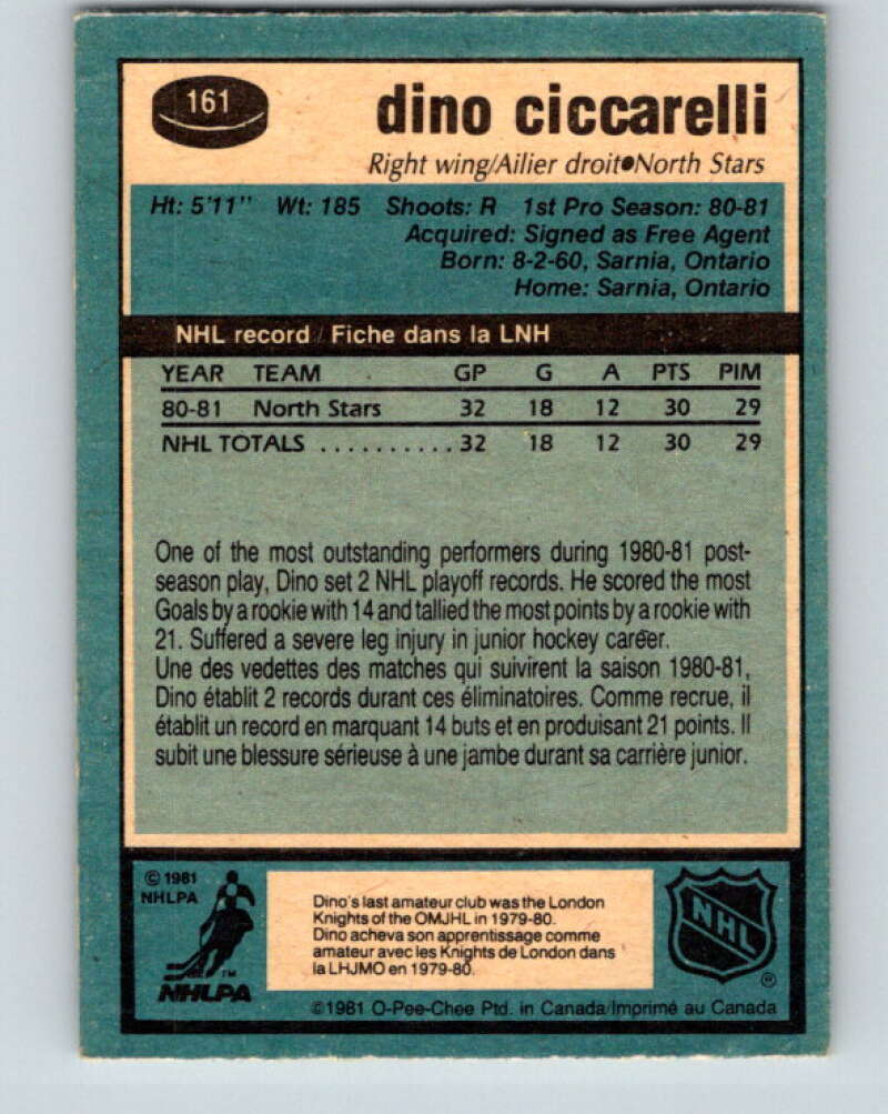 1981-82 O-Pee-Chee #161 Dino Ciccarelli RC Rookie North Stars V11671