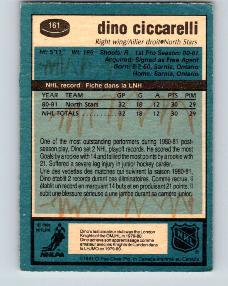 1981-82 O-Pee-Chee #161 Dino Ciccarelli RC Rookie North Stars V11673