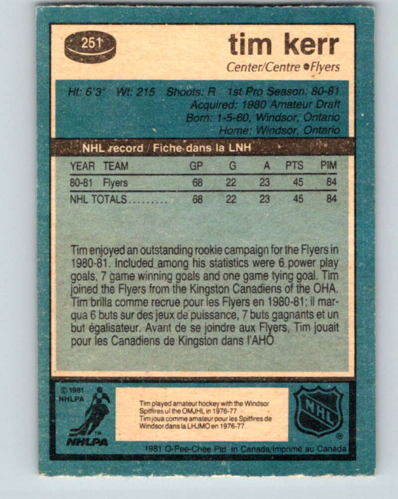 1981-82 O-Pee-Chee #251 Tim Kerr  RC Rookie Philadelphia Flyers  V11675