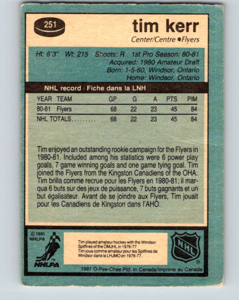 1981-82 O-Pee-Chee #251 Tim Kerr RC Rookie Philadelphia Flyers V11681