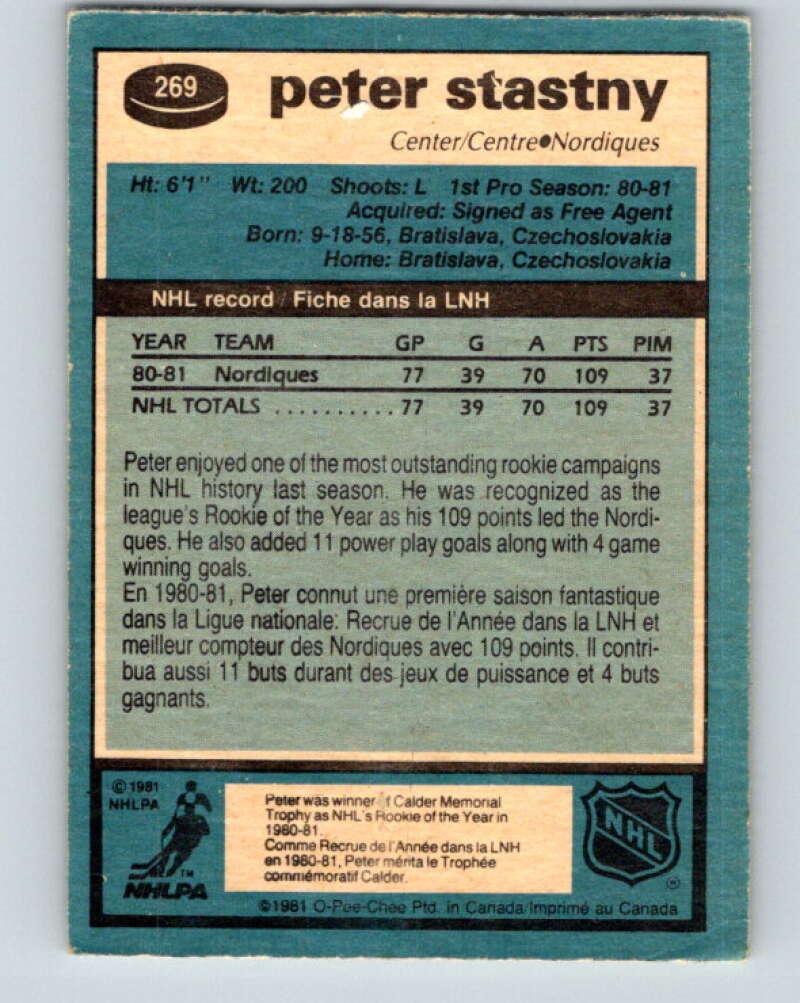 1981-82 O-Pee-Chee #269 Peter Stastny RC Rookie Quebec Nordiques V11688