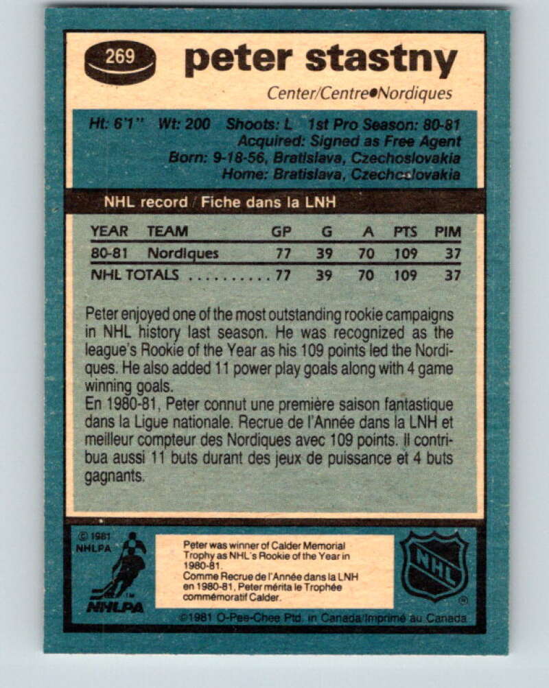 1981-82 O-Pee-Chee #269 Peter Stastny RC Rookie Quebec Nordiques V11689