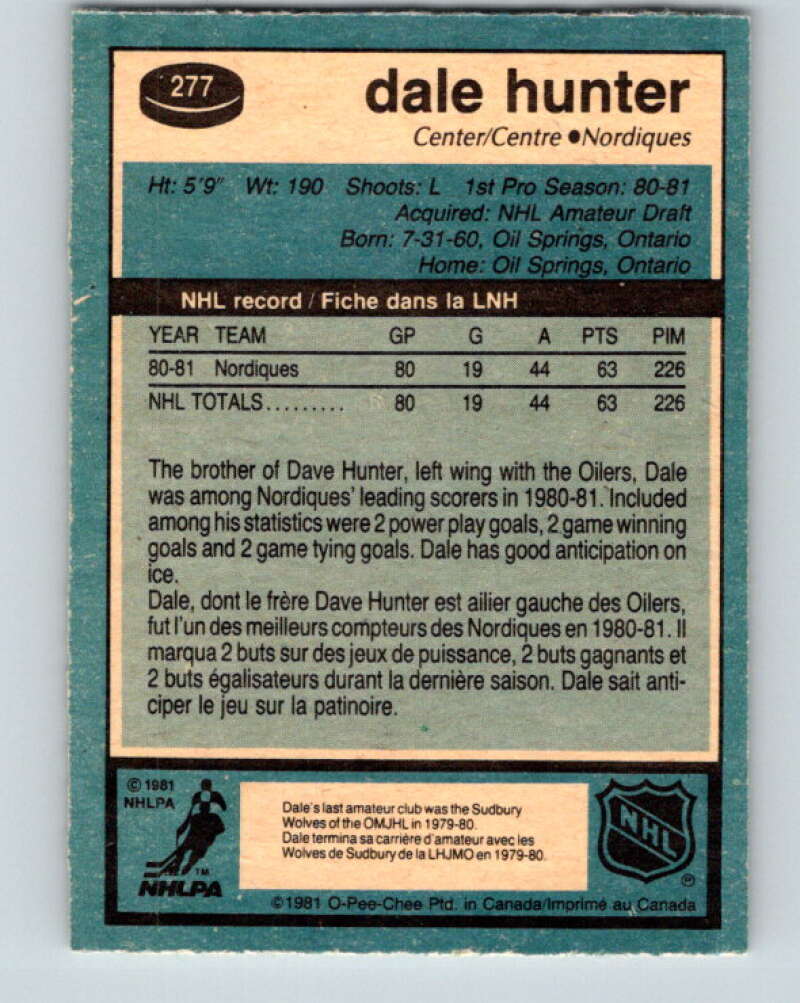 1981-82 O-Pee-Chee #277 Dale Hunter RC Rookie Quebec Nordiques V11691
