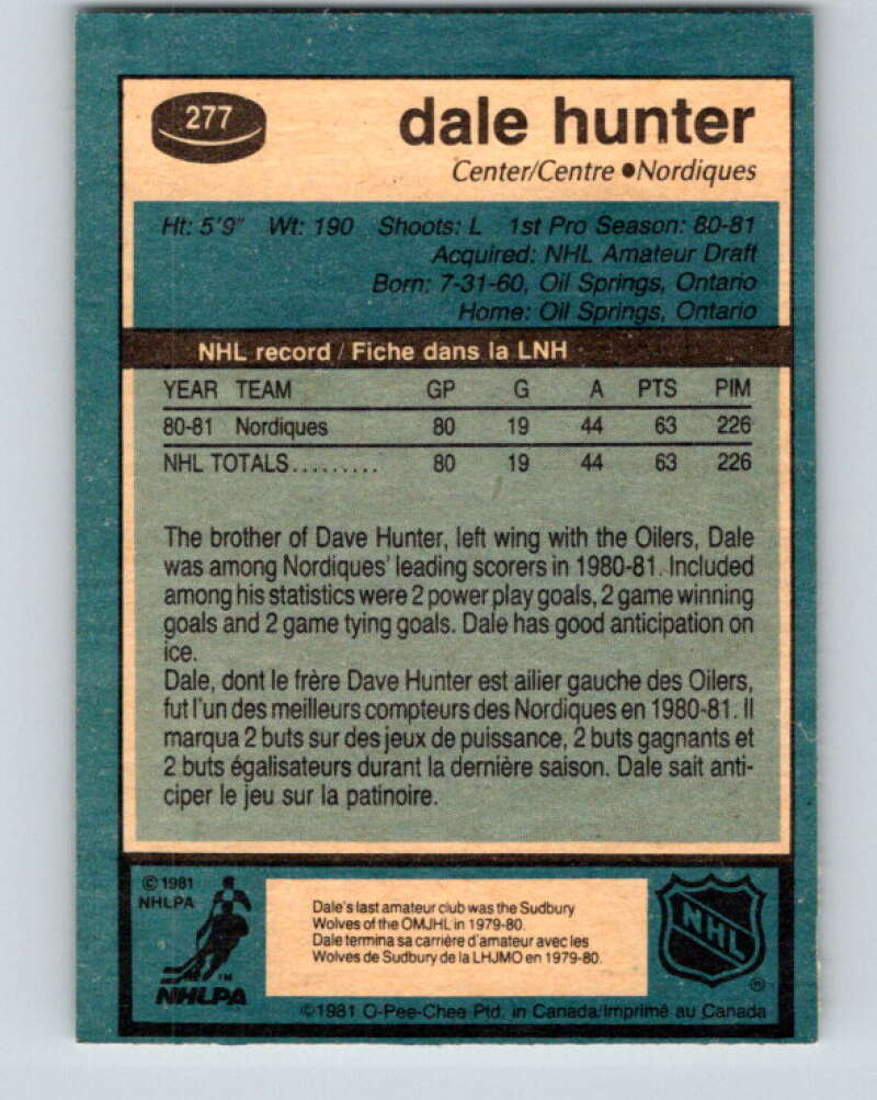 1981-82 O-Pee-Chee #277 Dale Hunter  RC Rookie Quebec Nordiques  V11692