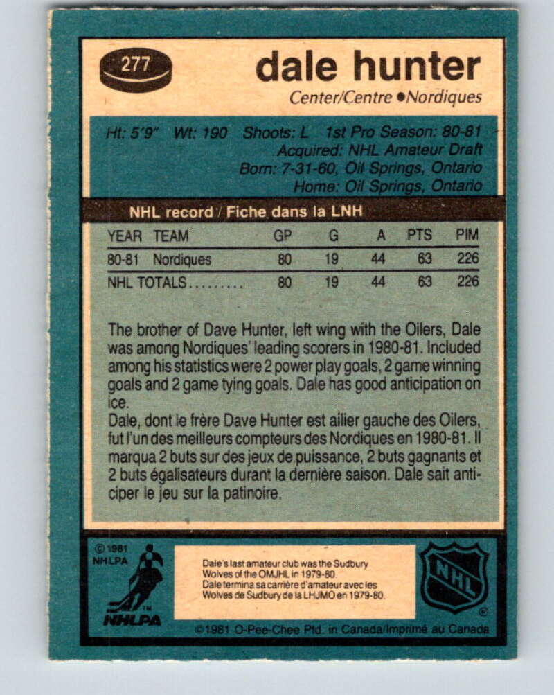 1981-82 O-Pee-Chee #277 Dale Hunter RC Rookie Quebec Nordiques V11693