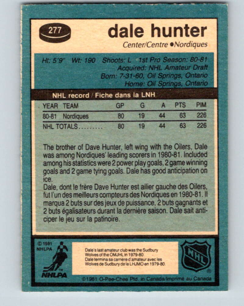 1981-82 O-Pee-Chee #277 Dale Hunter RC Rookie Quebec Nordiques V11694