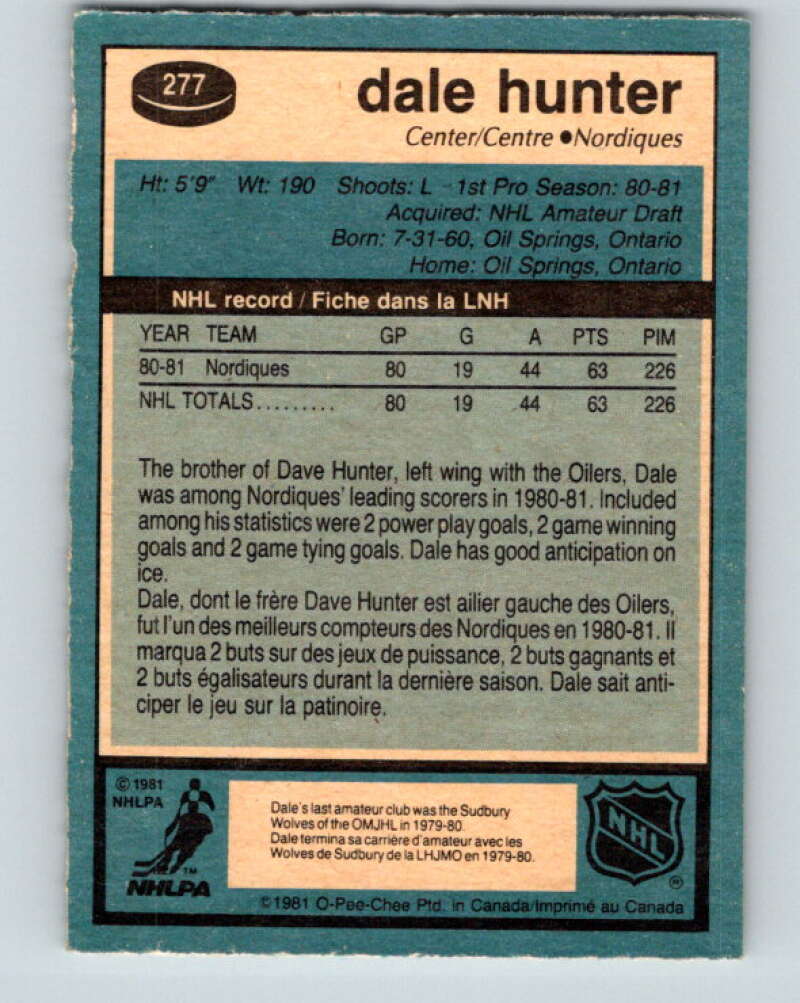 1981-82 O-Pee-Chee #277 Dale Hunter RC Rookie Quebec Nordiques V11695
