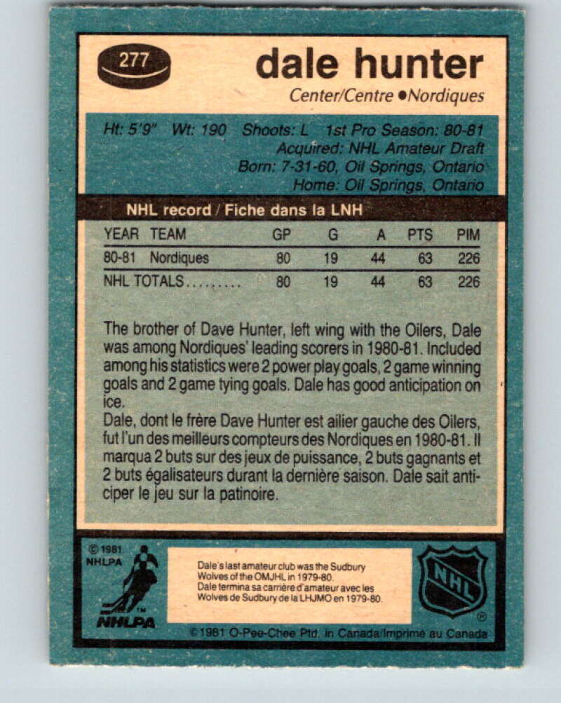 1981-82 O-Pee-Chee #277 Dale Hunter RC Rookie Quebec Nordiques V11696
