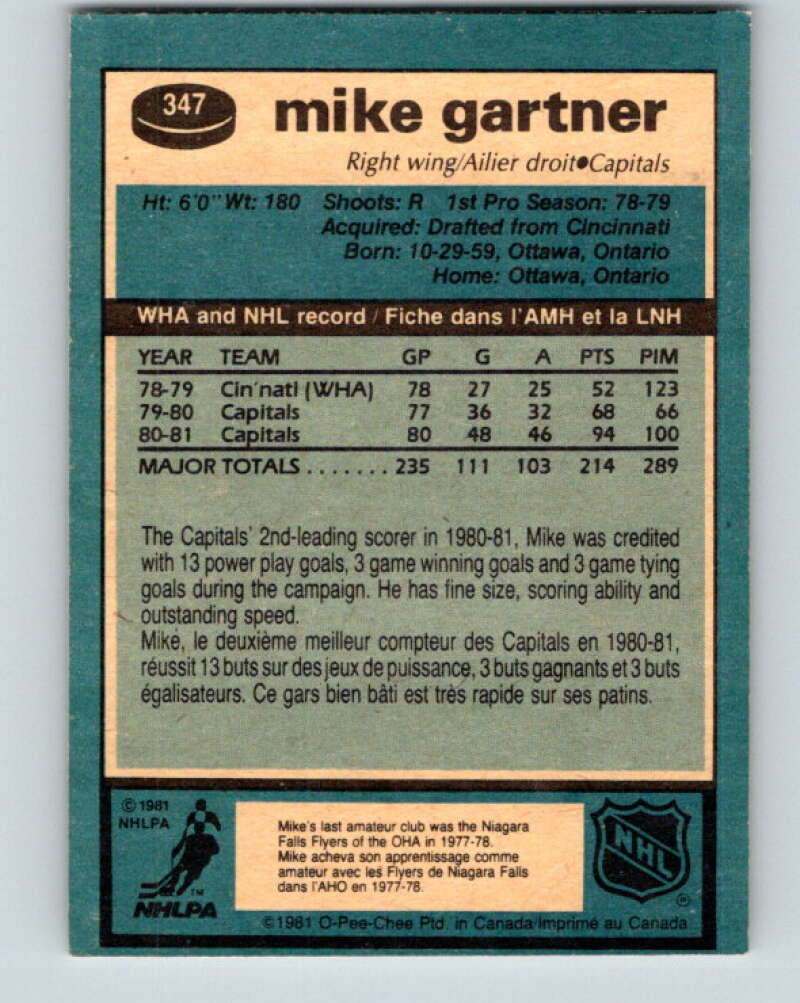 1981-82 O-Pee-Chee #347 Mike Gartner Washington Capitals V11699