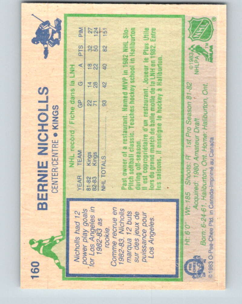 1983-84 O-Pee-Chee #160 Bernie Nicholls RC Rookie Los Angeles Kings V11712