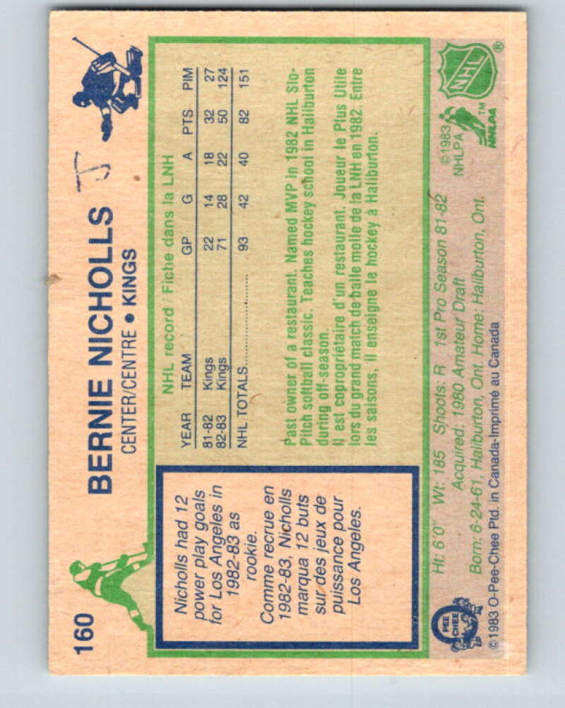 1983-84 O-Pee-Chee #160 Bernie Nicholls RC Rookie Los Angeles Kings V11715