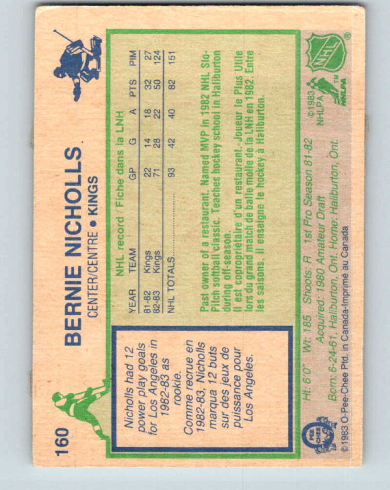 1983-84 O-Pee-Chee #160 Bernie Nicholls  RC Rookie Los Angeles Kings  V11716