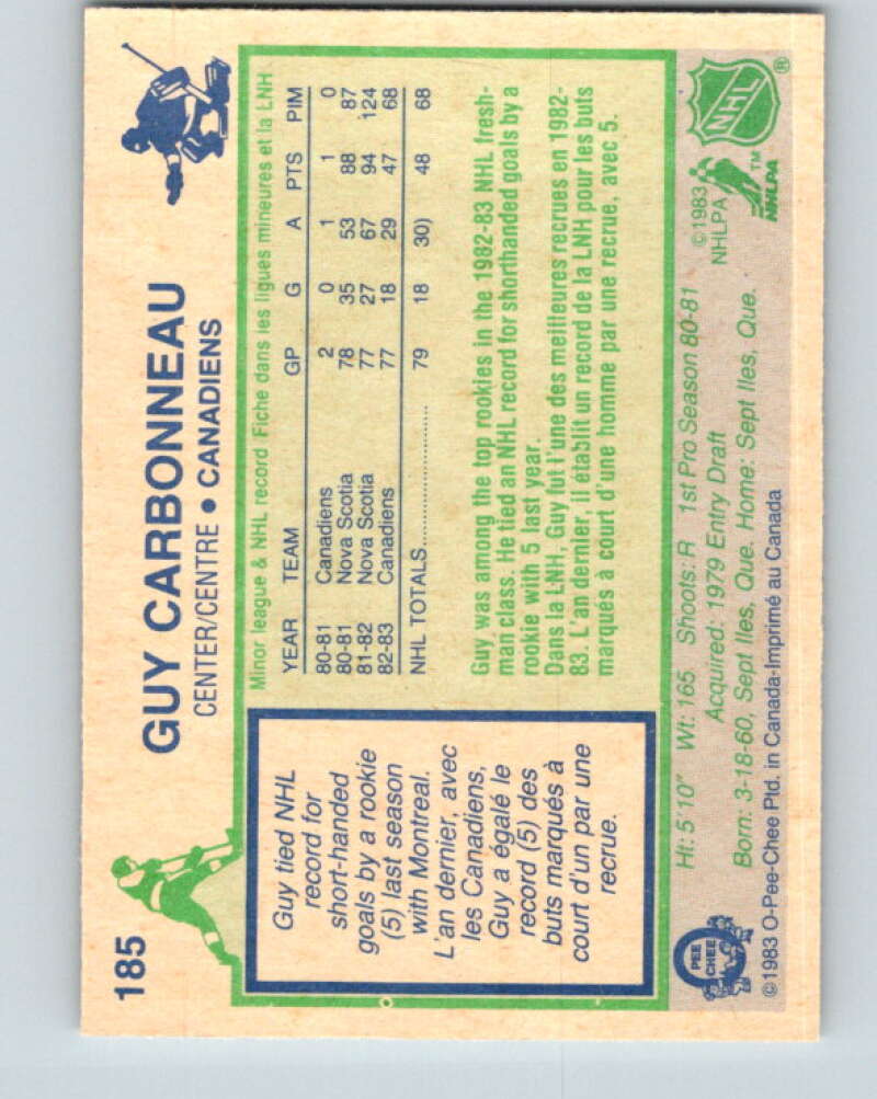 1983-84 O-Pee-Chee #185 Guy Carbonneau RC Rookie Montreal Canadiens V11720