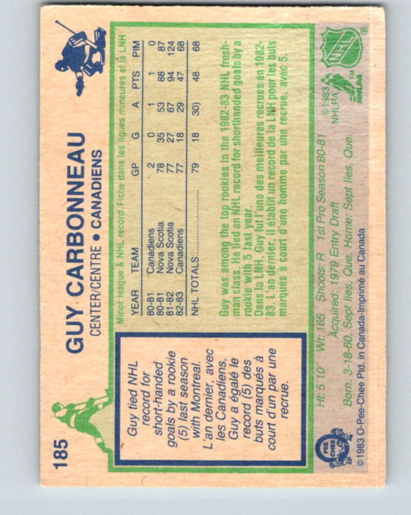 1983-84 O-Pee-Chee #185 Guy Carbonneau RC Rookie Montreal Canadiens V11721