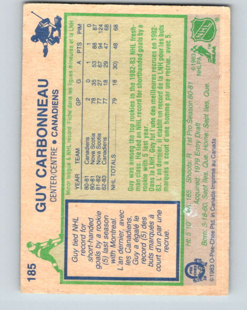 1983-84 O-Pee-Chee #185 Guy Carbonneau RC Rookie Montreal Canadiens V11722