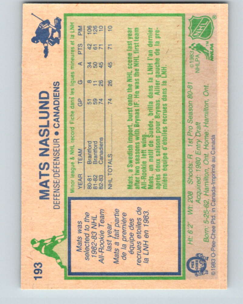 1983-84 O-Pee-Chee #193 Mats Naslund RC Rookie Montreal Canadiens V11723