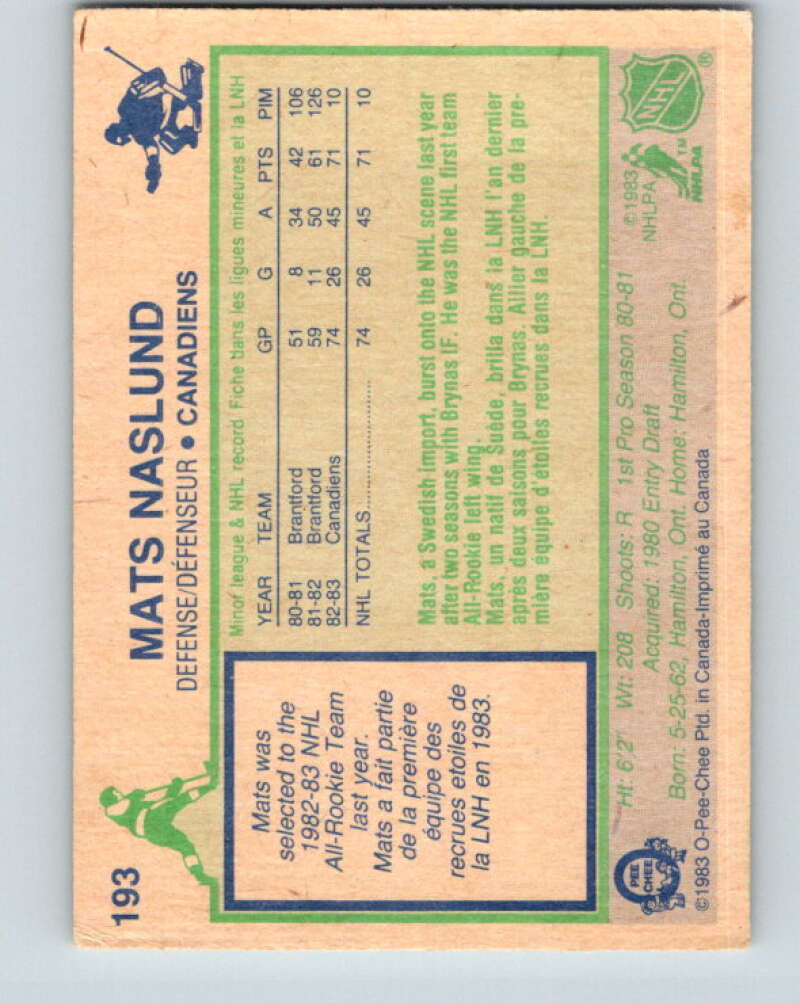 1983-84 O-Pee-Chee #193 Mats Naslund RC Rookie Montreal Canadiens V11724