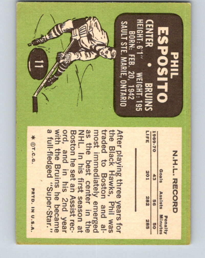 1970-71 Topps NHL #11 Phil Esposito Boston Bruins V11736