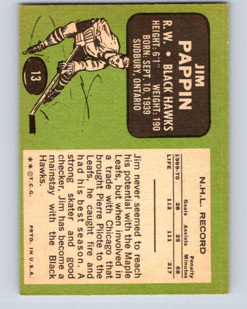 1970-71 Topps NHL #13 Jim Pappin Chicago Blackhawks V11738