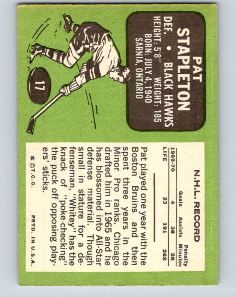 1970-71 Topps NHL #17 Pat Stapleton Chicago Blackhawks V11740