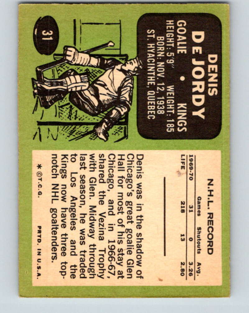 1970-71 Topps NHL #31 Denis DeJordy Los Angeles Kings V11746