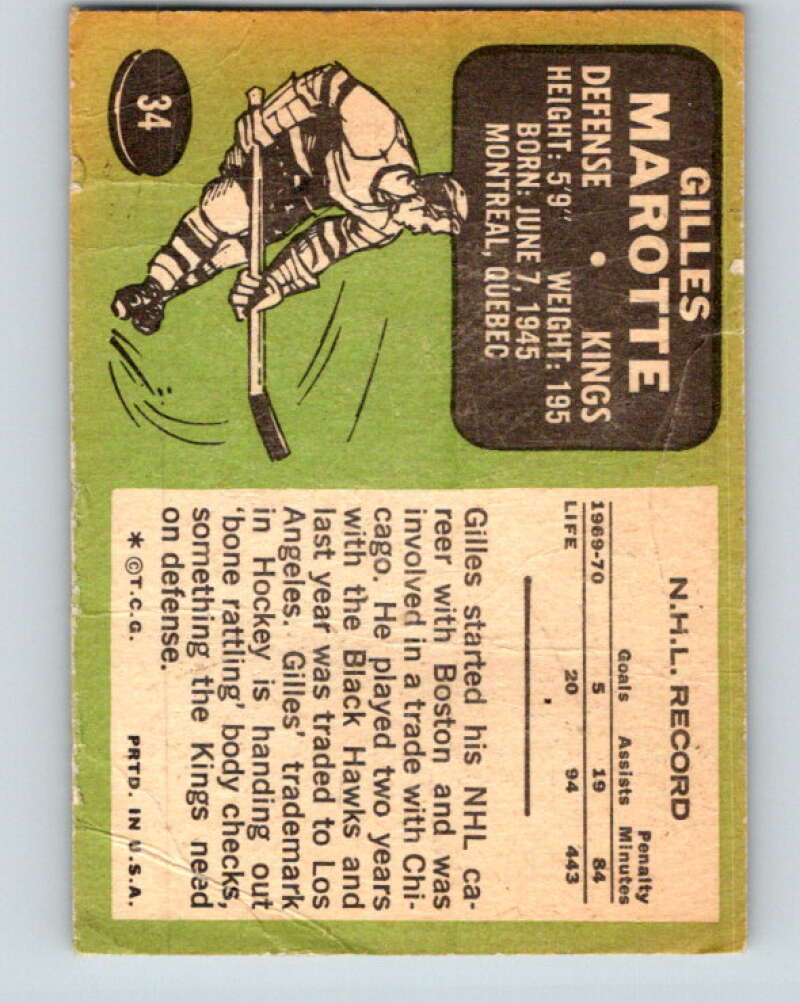 1970-71 Topps NHL #34 Gilles Marotte Los Angeles Kings V11748