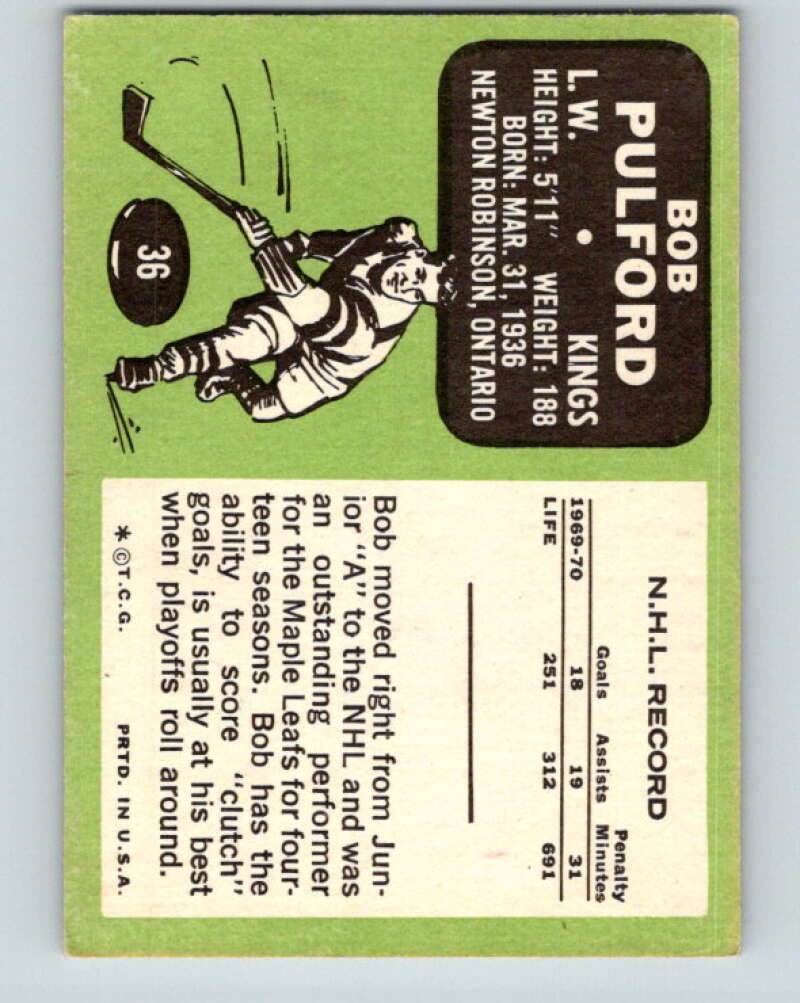 1970-71 Topps NHL #36 Bob Pulford Los Angeles Kings V11749