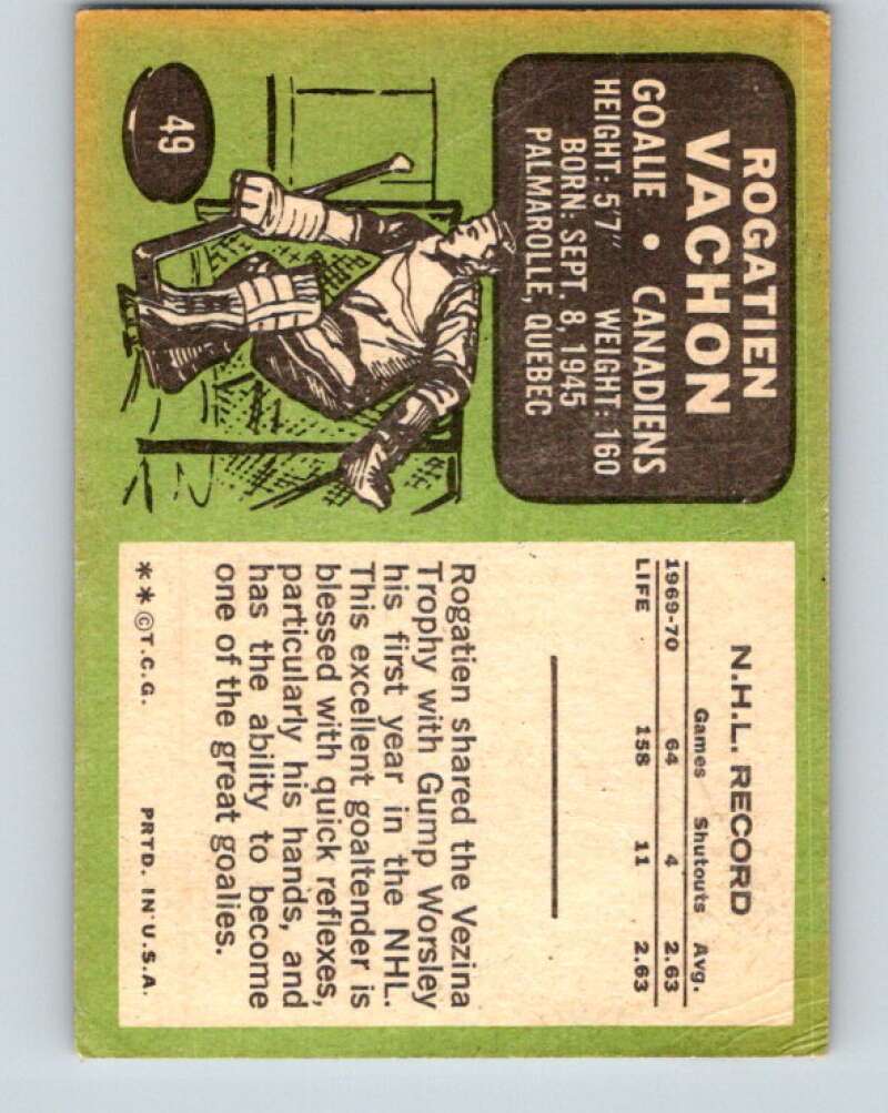 1970-71 Topps NHL #49 Rogie Vachon Montreal Canadiens V11753