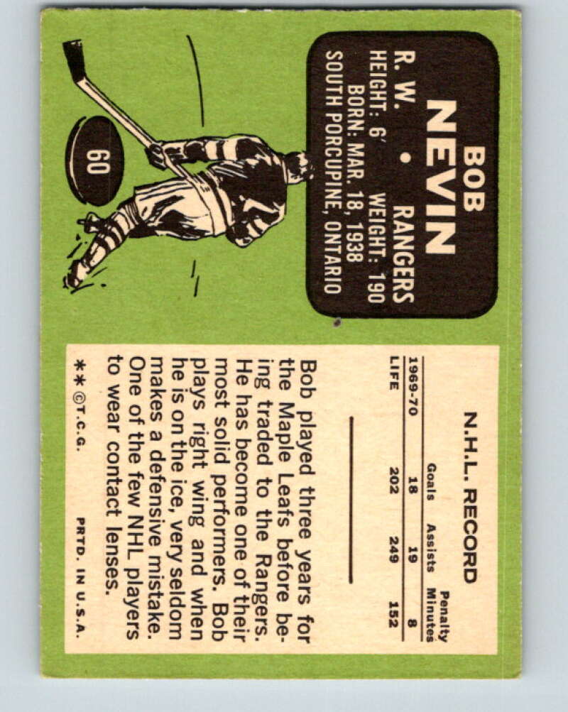 1970-71 Topps NHL #60 Bob Nevin  New York Rangers  V11755