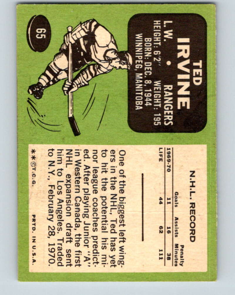 1970-71 Topps NHL #65 Ted Irvine New York Rangers V11758