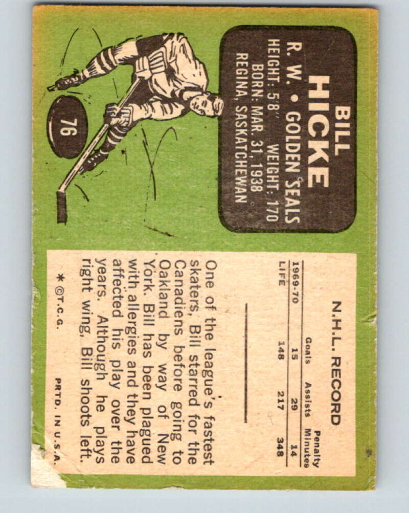 1970-71 Topps NHL #76 Bill Hicke California Golden Seals V11765