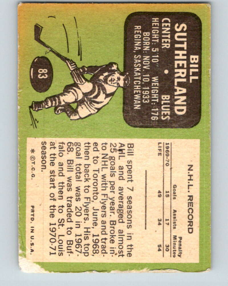 1970-71 Topps NHL #83 Bill Sutherland Philadelphia Flyers V11768