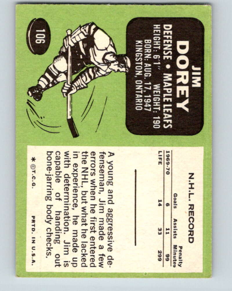 1970-71 Topps NHL #106 Jim Dorey Toronto Maple Leafs V11776