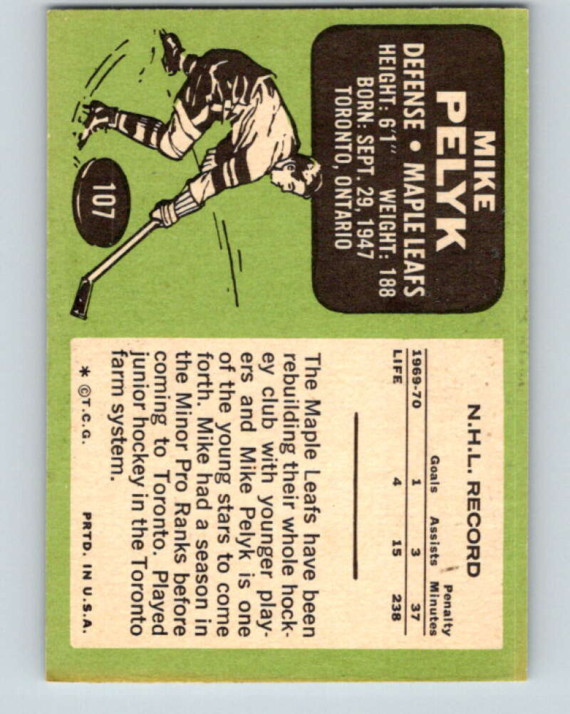 1970-71 Topps NHL #107 Mike Pelyk RC Rookie Toronto Maple Leafs V11777