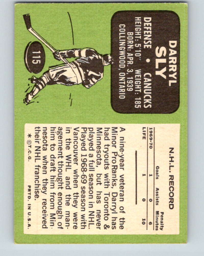 1970-71 Topps NHL #115 Darryl Sly RC Rookie Vancouver Canucks V11782