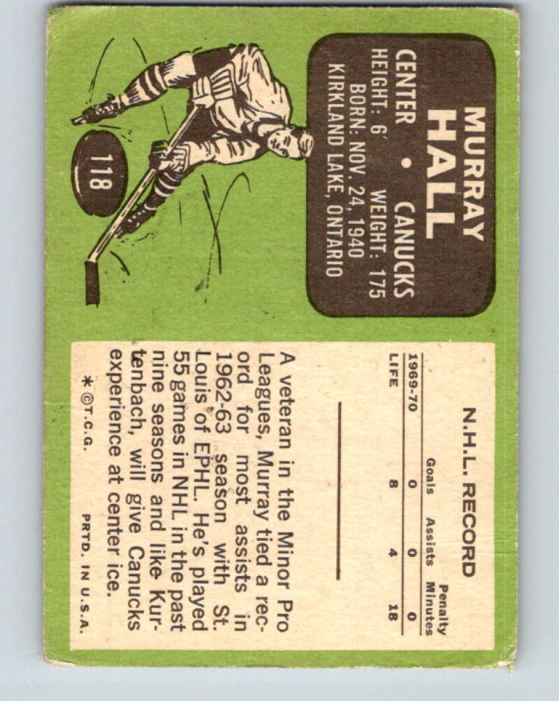 1970-71 Topps NHL #118 Murray Hall Vancouver Canucks V11783
