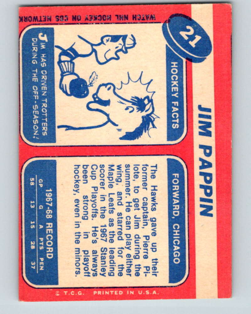 1968-69 Topps NHL #21 Jim Pappin Chicago Blackhawks V11788