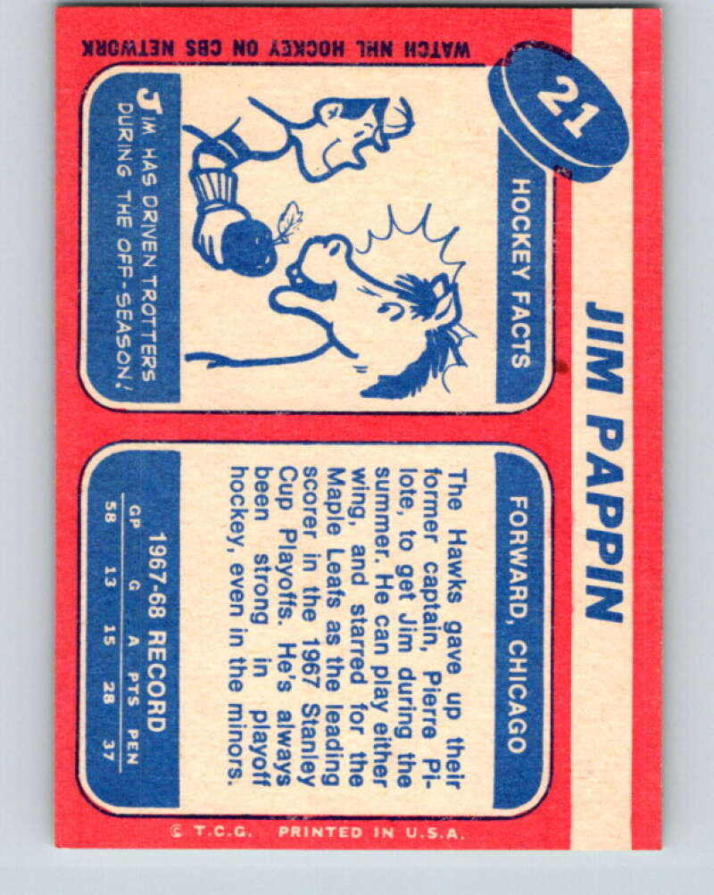1968-69 Topps NHL #21 Jim Pappin Chicago Blackhawks V11789