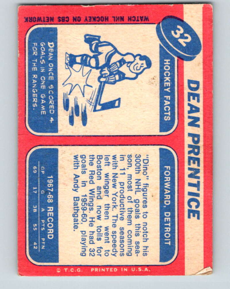 1968-69 Topps NHL #32 Dean Prentice Detroit Red Wings V11791