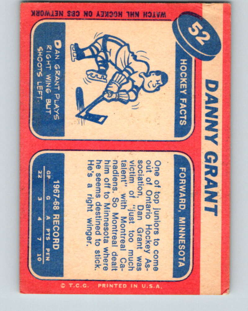 1968-69 Topps NHL #52 Danny Grant RC Rookie North Stars V11793