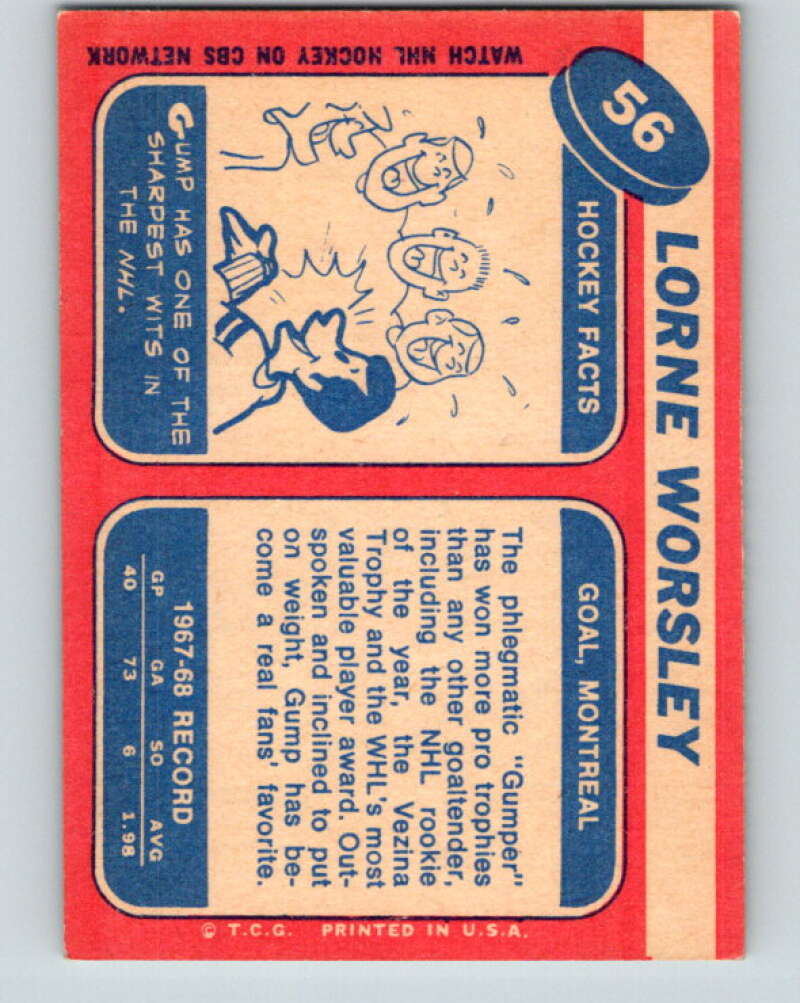 1968-69 Topps NHL #56 Gump Worsley Montreal Canadiens V11794