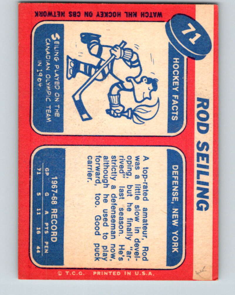 1968-69 Topps NHL #71 Rod Seiling New York Rangers V11799