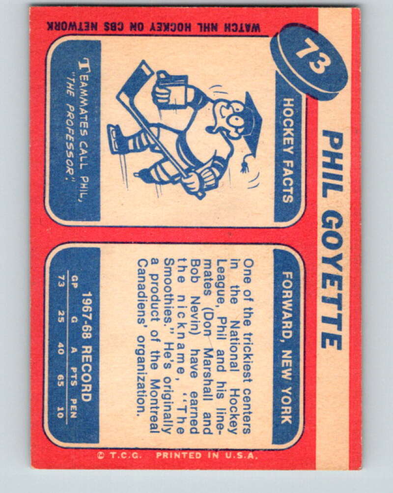 1968-69 Topps NHL #73 Phil Goyette New York Rangers V11800