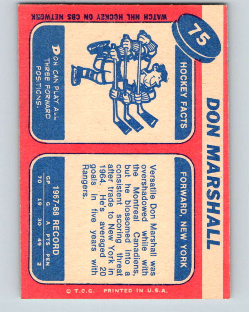 1968-69 Topps NHL #75 Don Marshall New York Rangers V11802