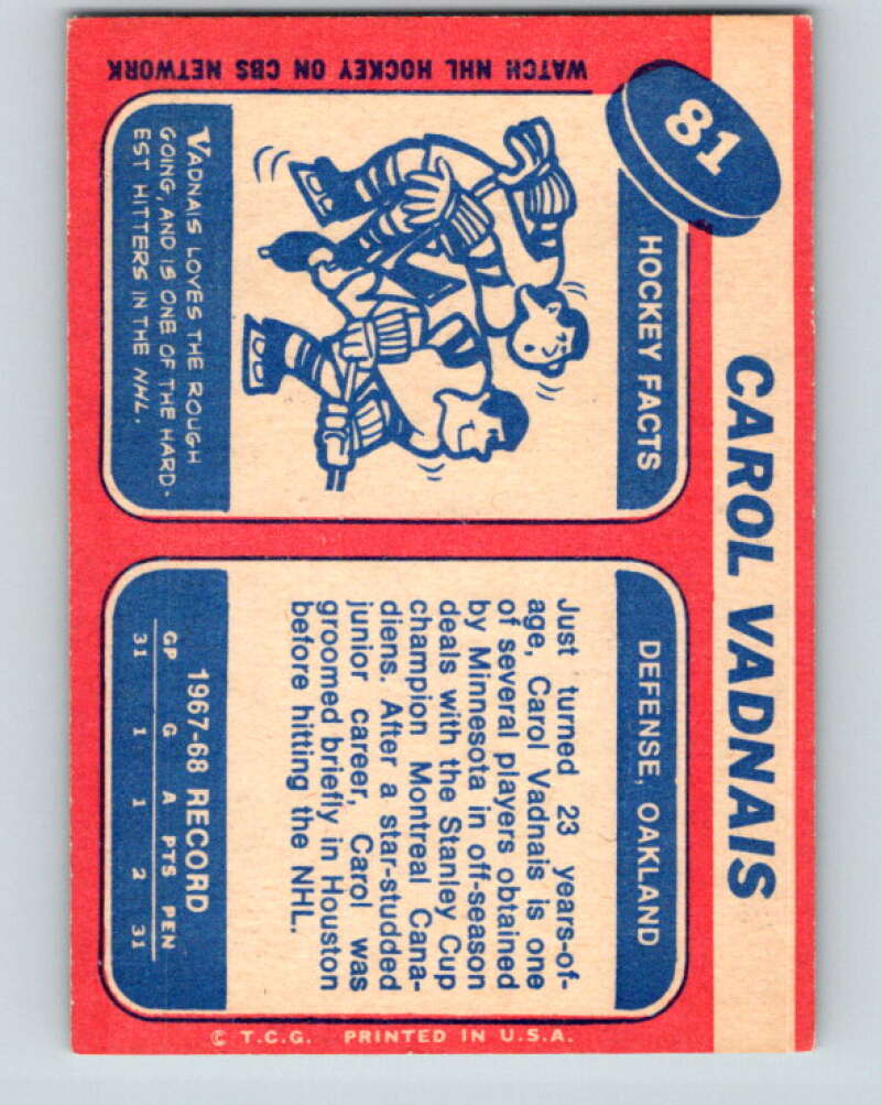 1968-69 Topps NHL #81 Carol Vadnais Oakland Seals V11806
